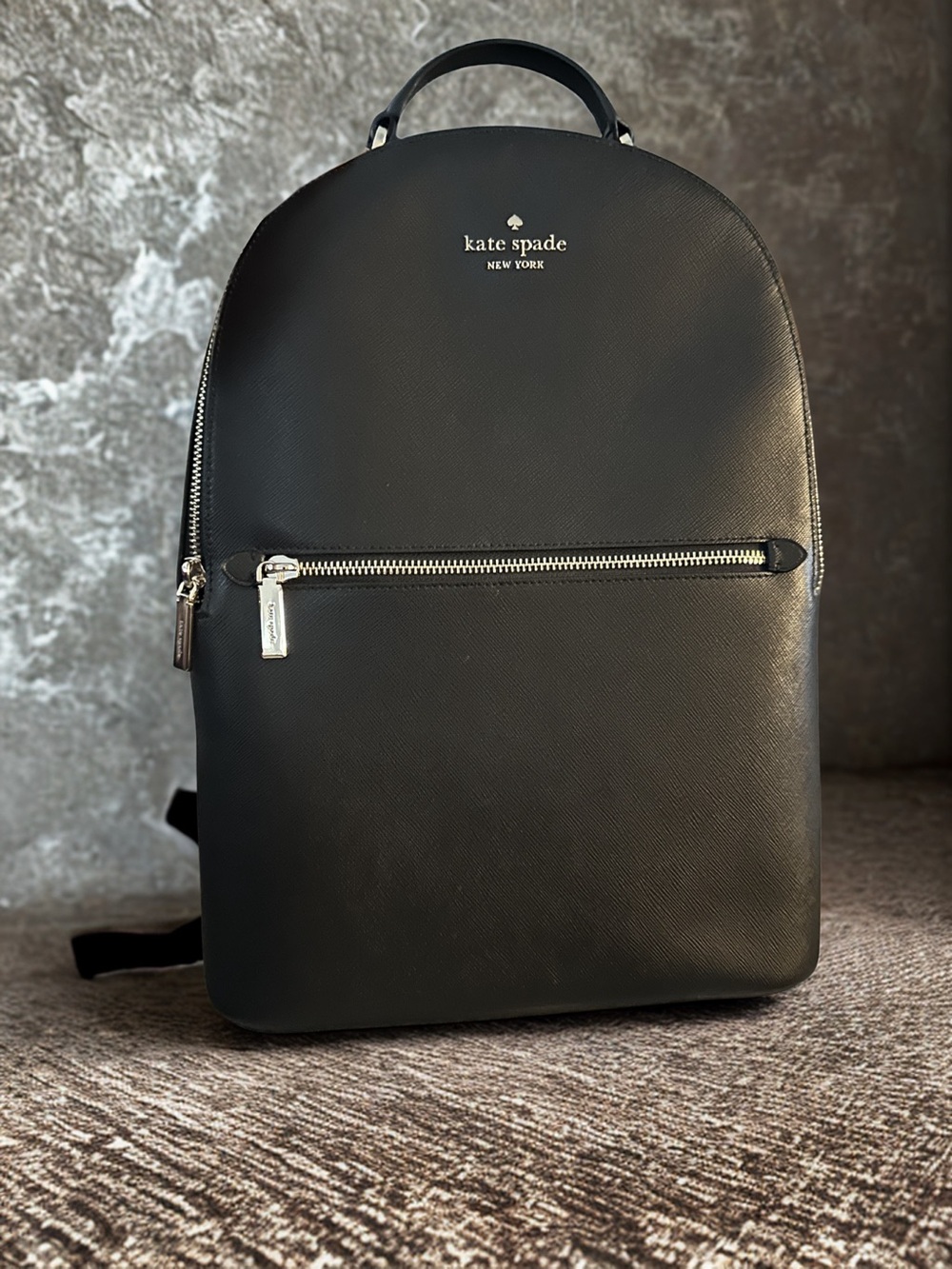 NWOT Kate Spade Black Textured Leather Backpack with Silver Zipper